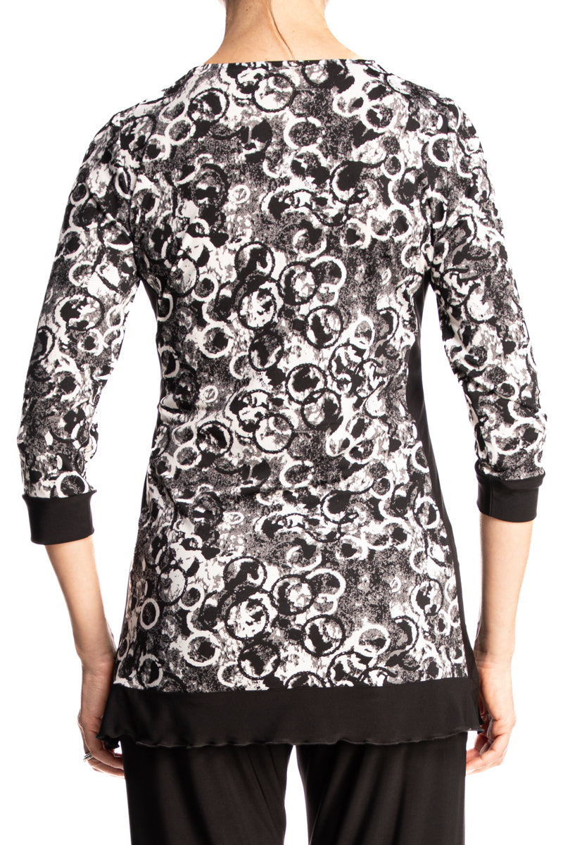 Women's Top Black and White Tunic Length Quality Stretch Fabric Made in Canada - Yvonne Marie