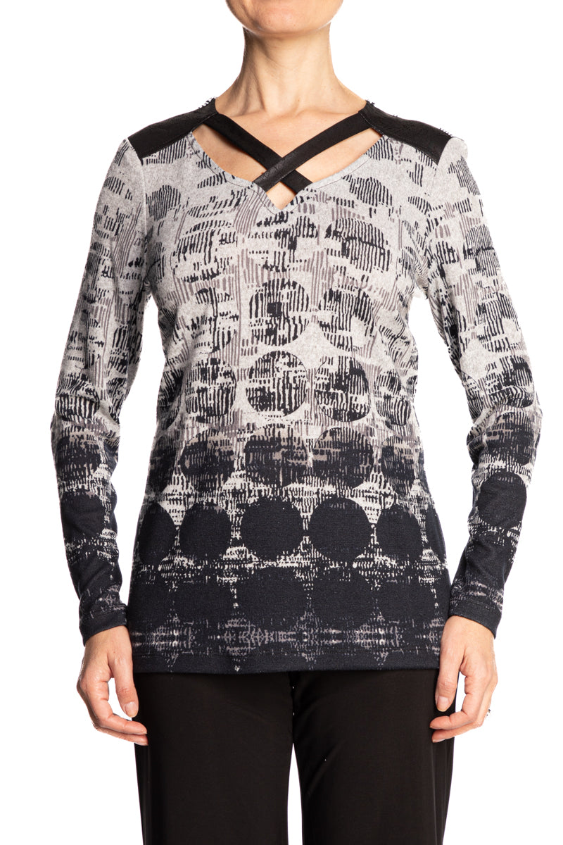 Women's Tops Grey and Black Boarder Print Flattering Design with Neckline Design - Made in Canada - Yvonne Marie