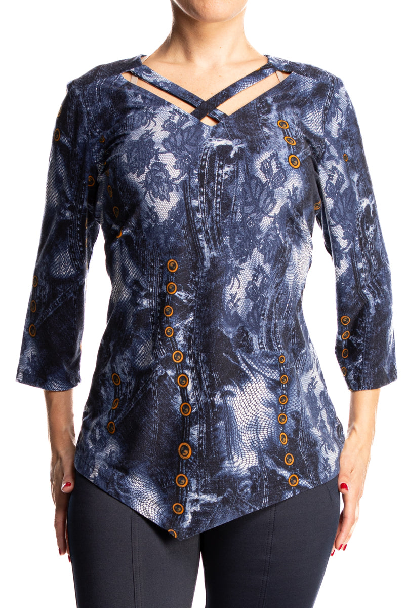Women's Tops Denim Print with Fancy Neckline X Large Sizes – Made in Canada - Yvonne Marie