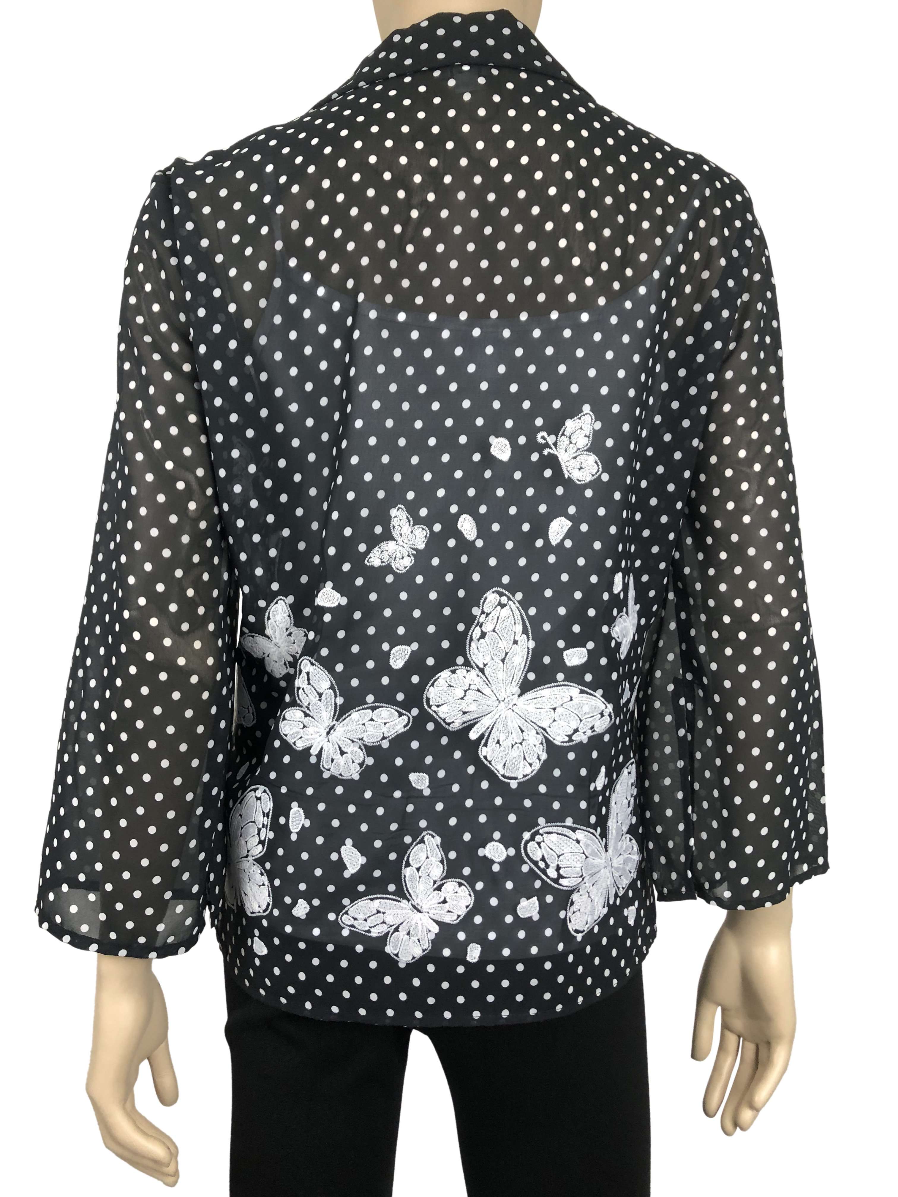 Women's Blouse Black Polka Dot Embroidered Butterfly Chiffon Fabric - Made in Canada - Yvonne Marie - Yvonne Marie