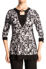 Women's Top Black and White Tunic Length Quality Stretch Fabric Made in Canada - Yvonne Marie