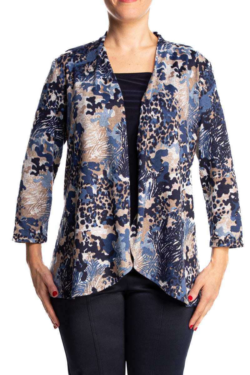 Women's Cardigan Blue and Tan Print On Sale Made in Canada - Yvonne Marie