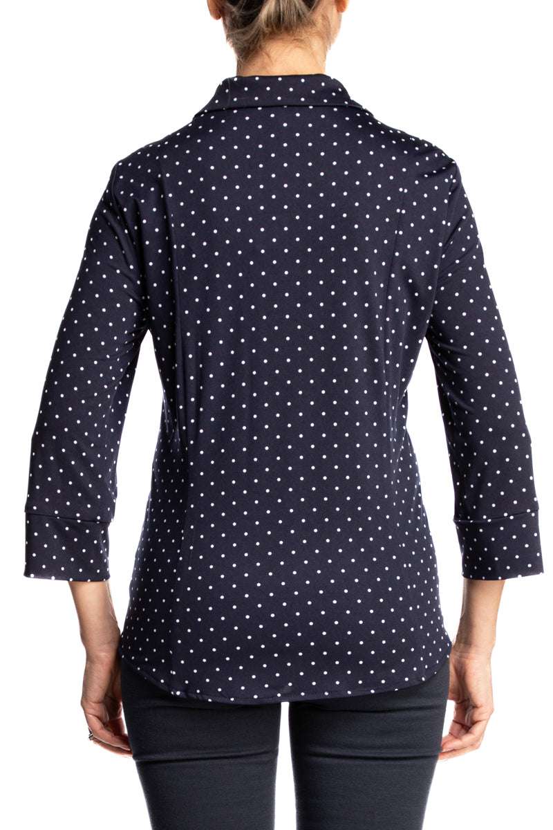 Women's Blouse Navy Polka Dot Soft Stretch Fabric Made in Canada - Yvonne Marie