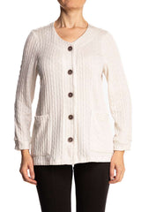 Women's Cotton Cardigan Ivory Cable Knit Button Front with Pockets Made in Canada - Yvonne Marie