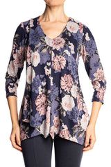 Women's Tops Canada Navy and Rose Floral Print Large Sizes - Flattering Fit - Made in Canada - Yvonne Marie