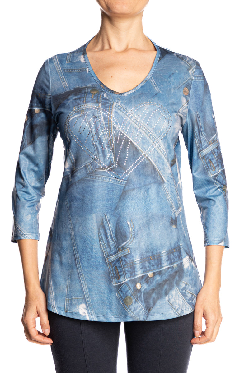 Women's Top Denim V-Neck Top with Glitter X Large Sizes - Made in Canada - Yvonne Marie