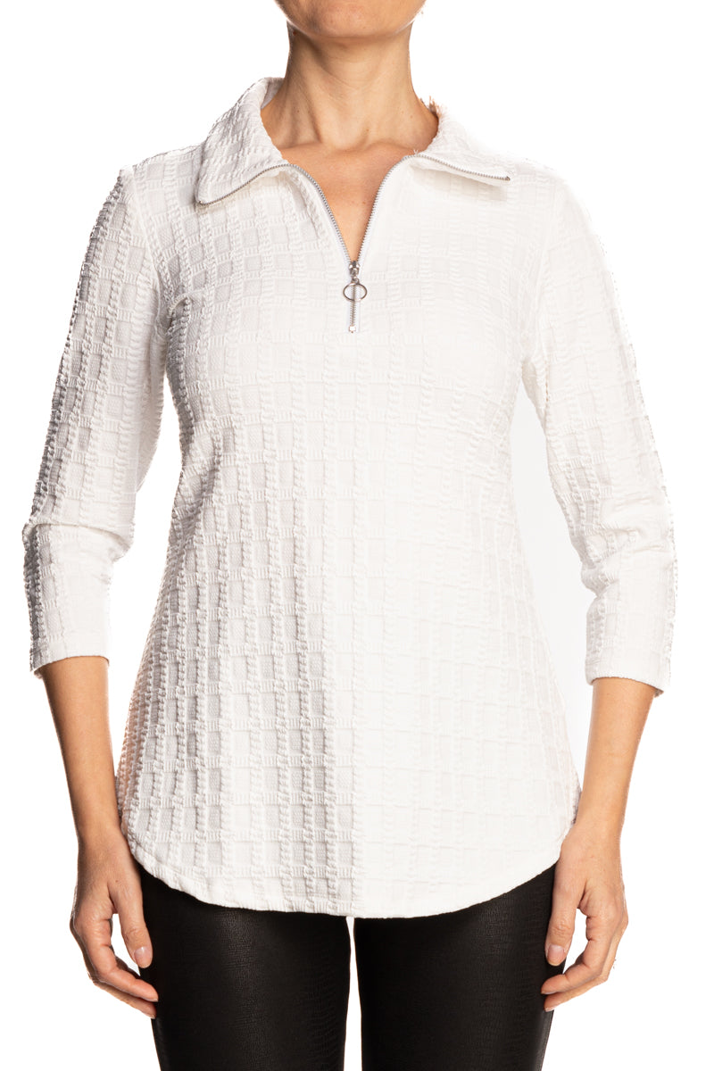 Women's White Top Zipper Front Neckline Quality Stretch Fabric Made in Canada - Yvonne Marie