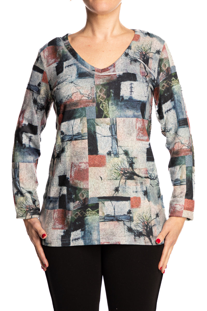 Women's Tops – Denin and Rust Print – Quality knit fabric Made in Canada - Yvonne Marie