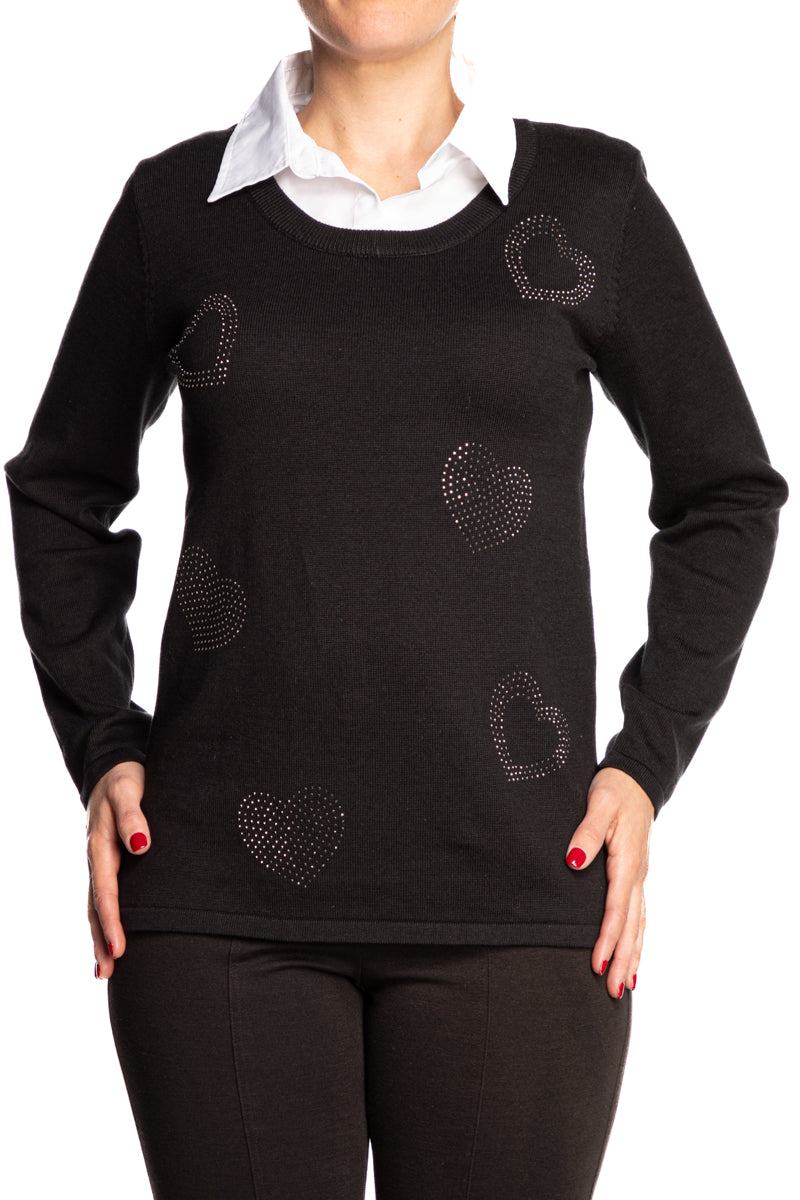 Women's Sweater Black with White Collar Touch of Glitter - Sizes up to XX Large - Yvonne Marie