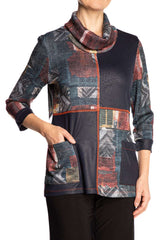 Women's Sweaters Cool Neck Navy Blue Print with Pockets - Made in Canada - Yvonne Marie