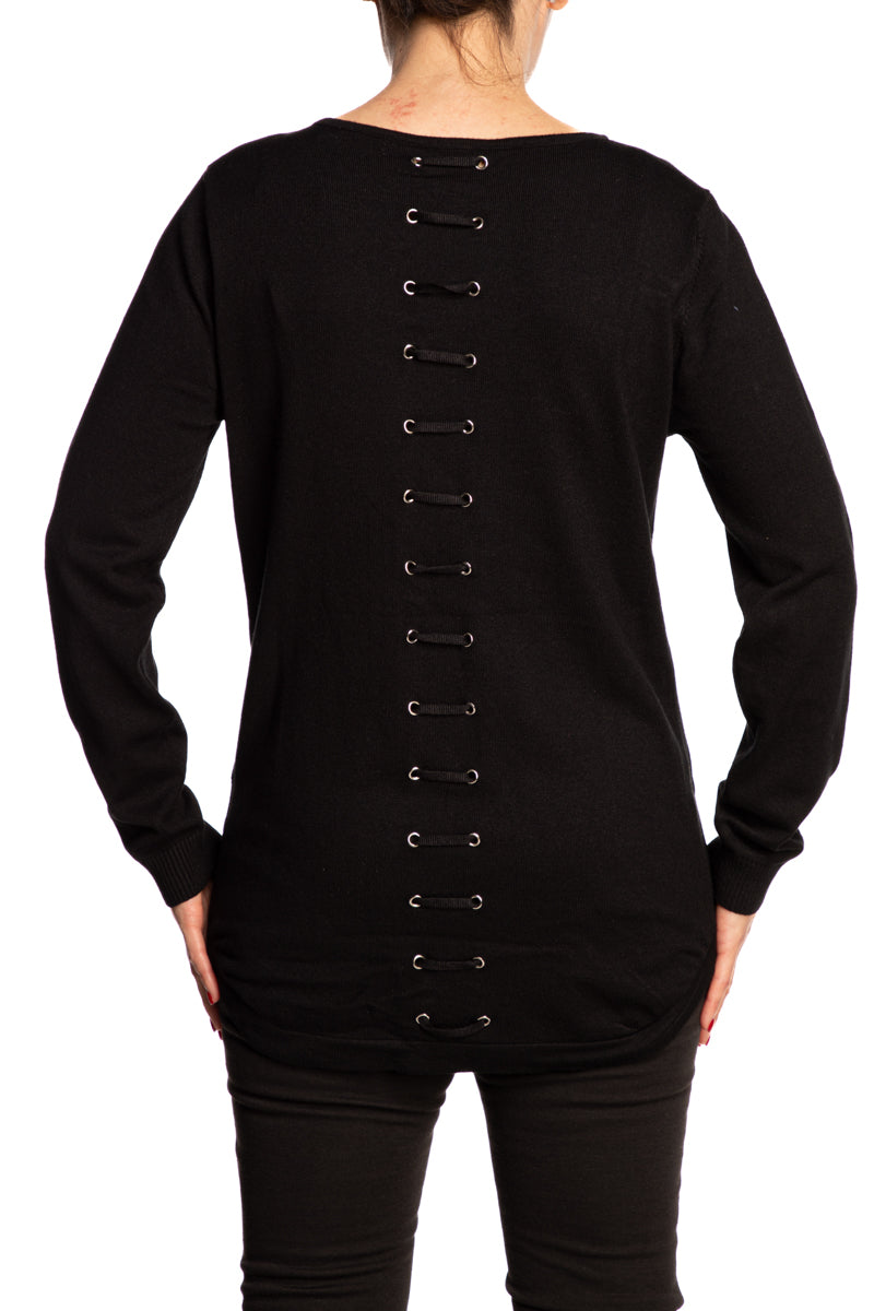 Women's Crew Neck Black Sweater with Back Detail - Sizes Small to XX Large - Yvonne Marie