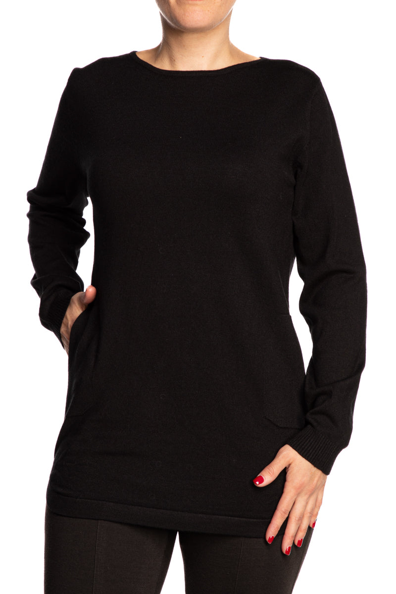 Women's Crew Neck Black Sweater with Back Detail - Sizes Small to XX Large - Yvonne Marie
