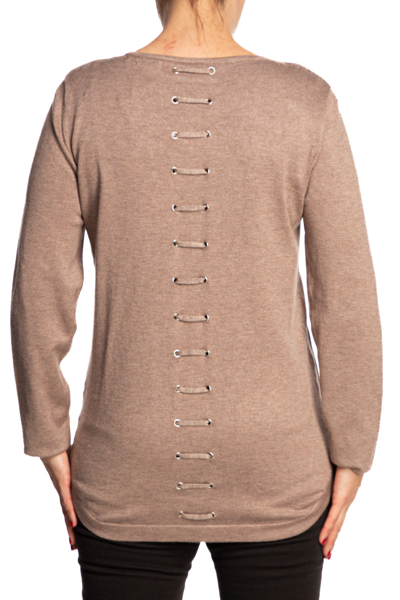 Women's Crew Neck Tan Sweater with Back Detail - Sizes Small to XX Large - Yvonne Marie