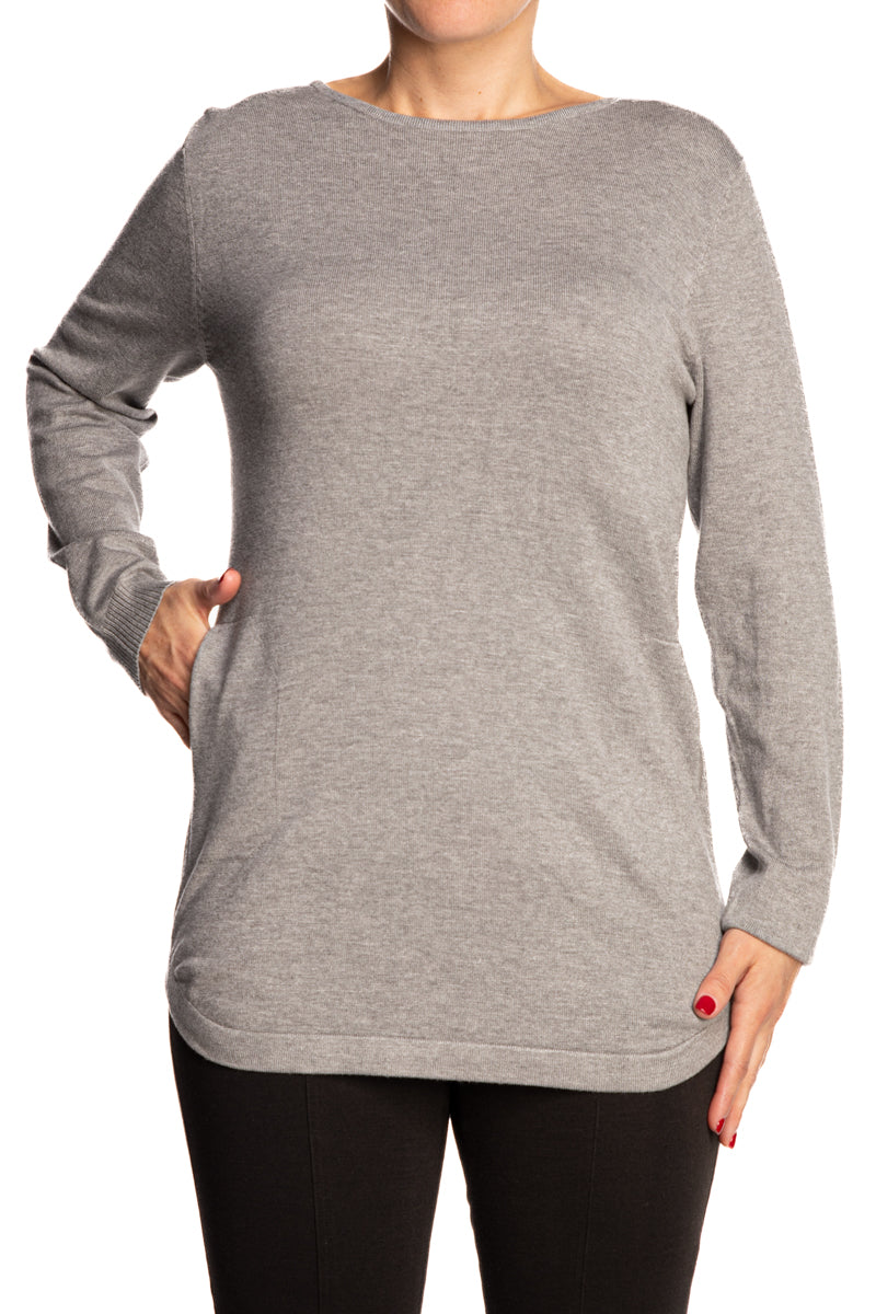 Women's Crew Neck Grey Sweater with Back Detail - Sizes Small to XX Large - Yvonne Marie