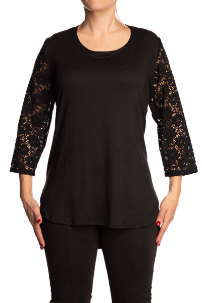 Women's Top Black with Lace Sleeves on Sale Made in Canada Quality Knit Fabric Flatter Fit