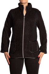 Women's Jacket Cozy Black Fleece with Leather Trim - X Large sizes - Yvonne Marie