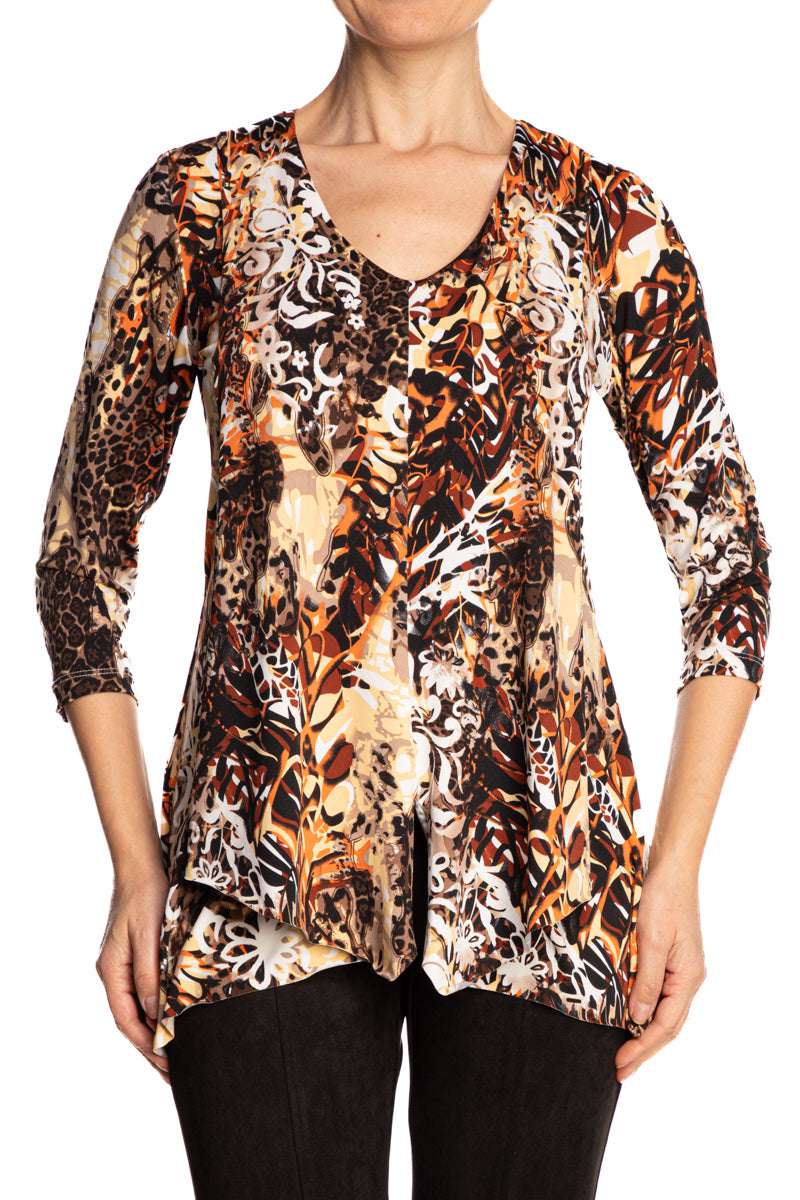 Women's Tunic Tops - Brown and Gold Print - Large Size Tops - Made in Canada - Yvonne Marie