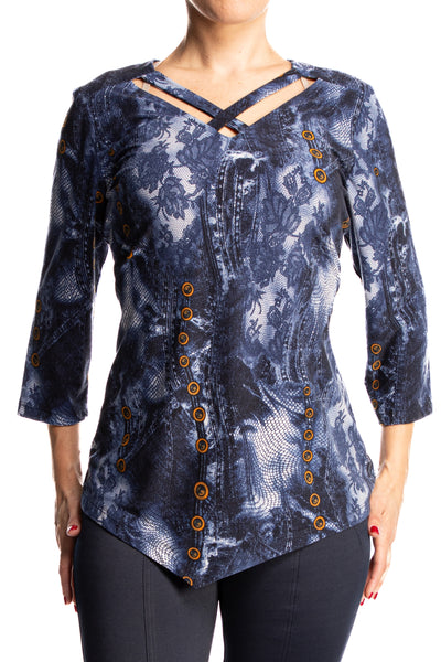 Women's Tops Denim Print with Cool Cut Out Neckline Soft Stretch Knit Fabric Made in Canada Yvonne Marie Boutiques