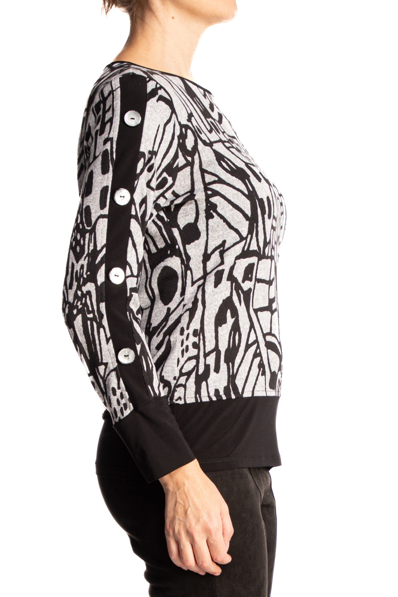 Women's Top Grey and Black with Button Sleeve Detail - Made in Canada - Yvonne Marie Boutique - Yvonne Marie