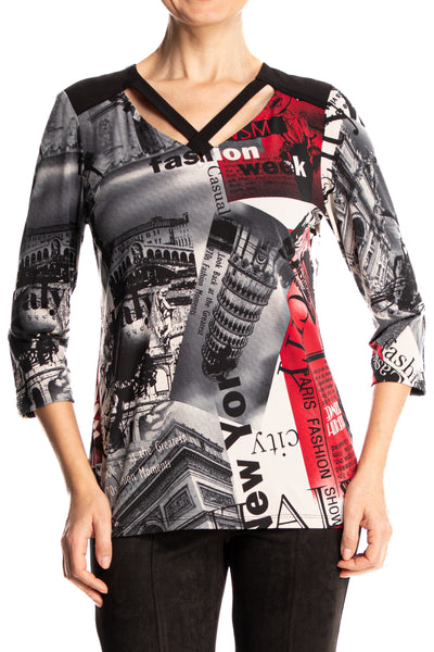 Women's Tops Graphic Grey and Red Print Neckline Detail - XX Large Series – Made in Canada