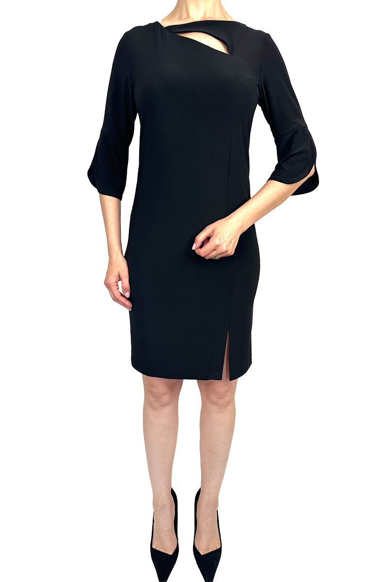 Robe noire pour femmes à manches longues, coupe flatteuse avec décolleté et manches tendance