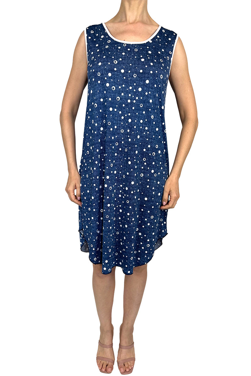 Women's Dresses On Sale Denim Blue Dot Print Easy Comfort Fit Flattering Design Quality Stretch fabric Made in Canada