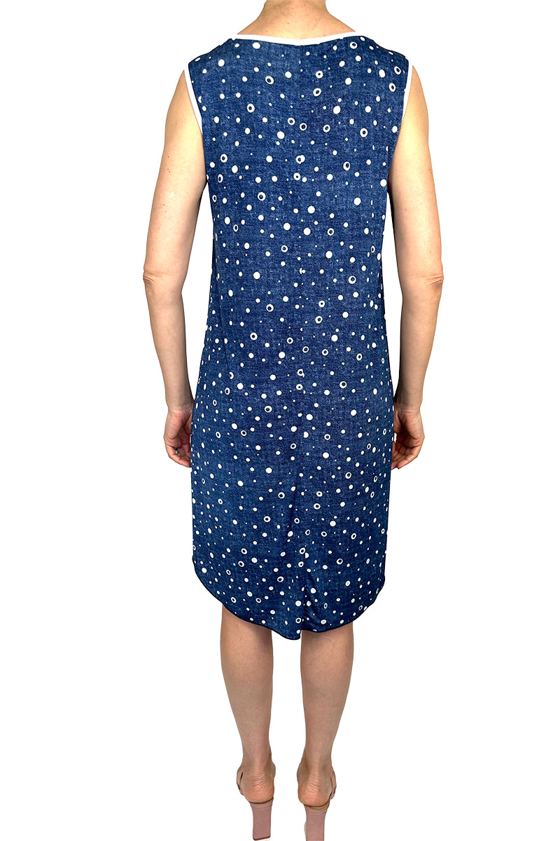 Women's Dresses On Sale Denim Blue Dot Print Easy Comfort Fit Flattering Design Quality Stretch fabric Made in Canada