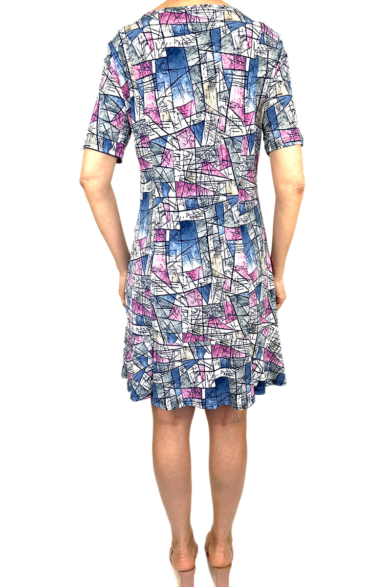 Women's Dress On Sale Blue and Soft Pink Print Flattering Fit Quality Stretch Fabric Made in Canada