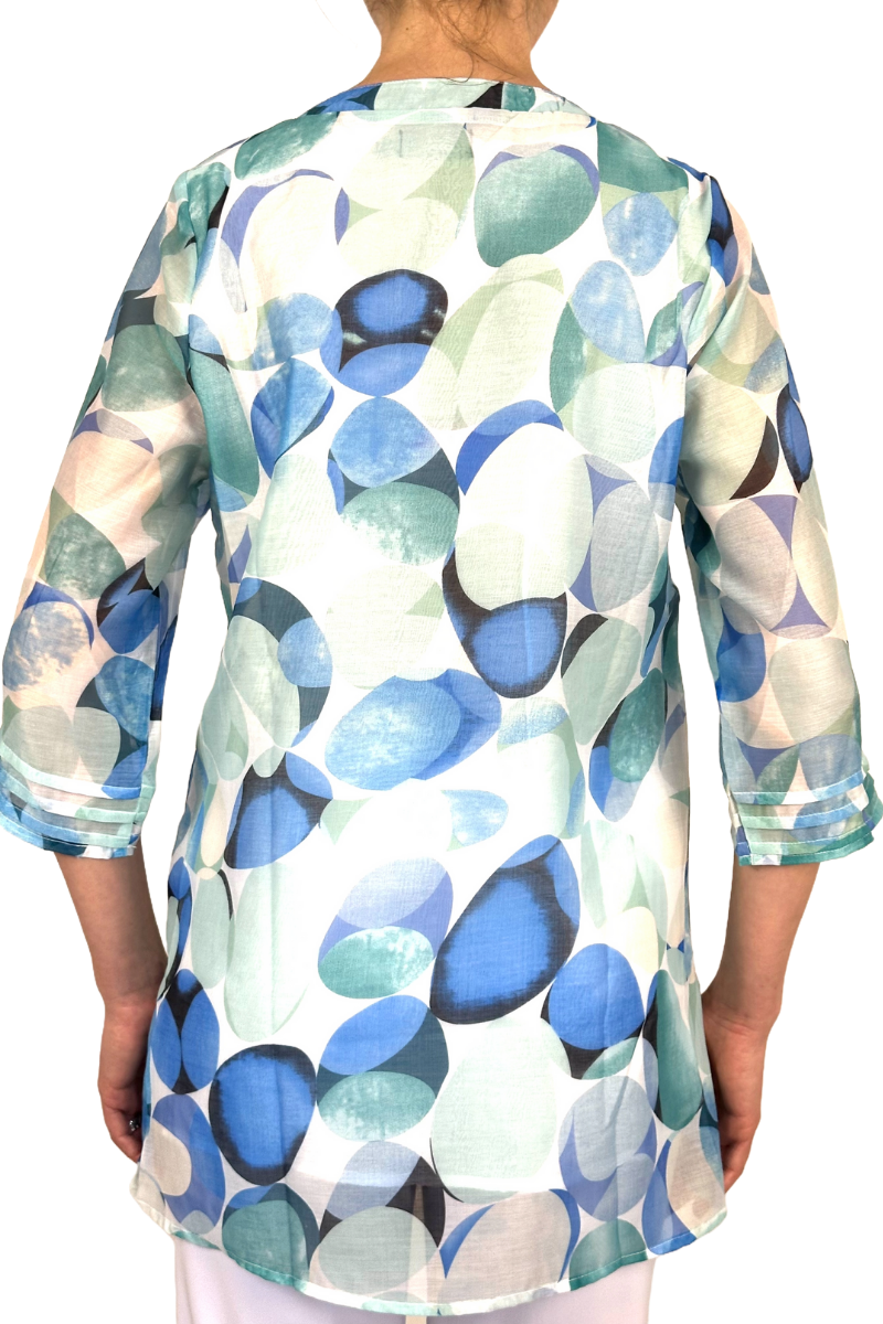 Women's Blouse Blue and Aqua Print Longer Length Flattering Comfort Fit - Sizes S-XXL