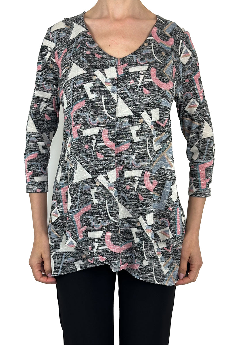 Ladies Longer Length Tunics - Pink and Black Geo Print Soft Comfort Stretch Fabric - Sizes S-XL