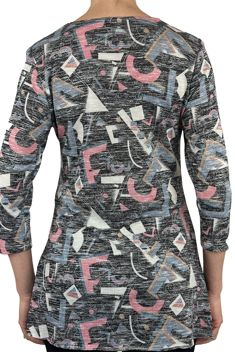 Ladies Longer Length Tunics - Pink and Black Geo Print Soft Comfort Stretch Fabric - Sizes S-XL