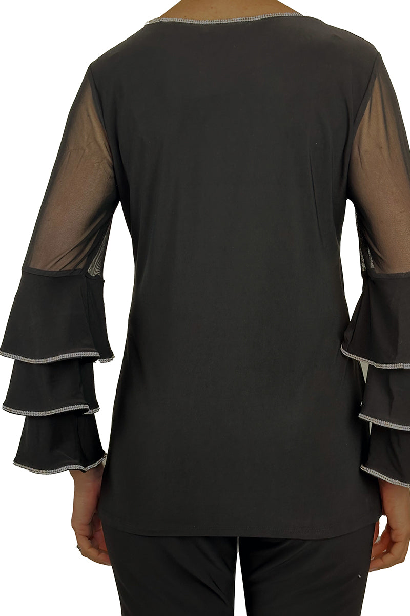 Women's Top Special Occasion Black Tunic Top Chiffon with Rhinestone trim Sheer Sleeves With Rhinestone Trim Quality Fabric Comfort True to Size Fit Perfect for Wedding or Special Event Sixes S-XLARGE