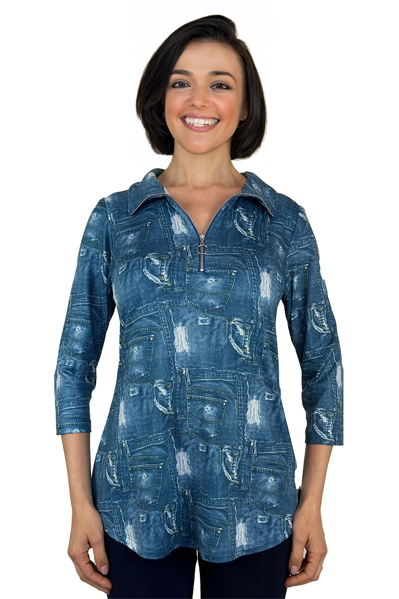 Women's Top Denim Blue Super Cool Design Flattering Comfort Stretch Quality fabric With Zipper neckline Detail Exclusive Design Yvonne Marie Boutiques Made in Canada