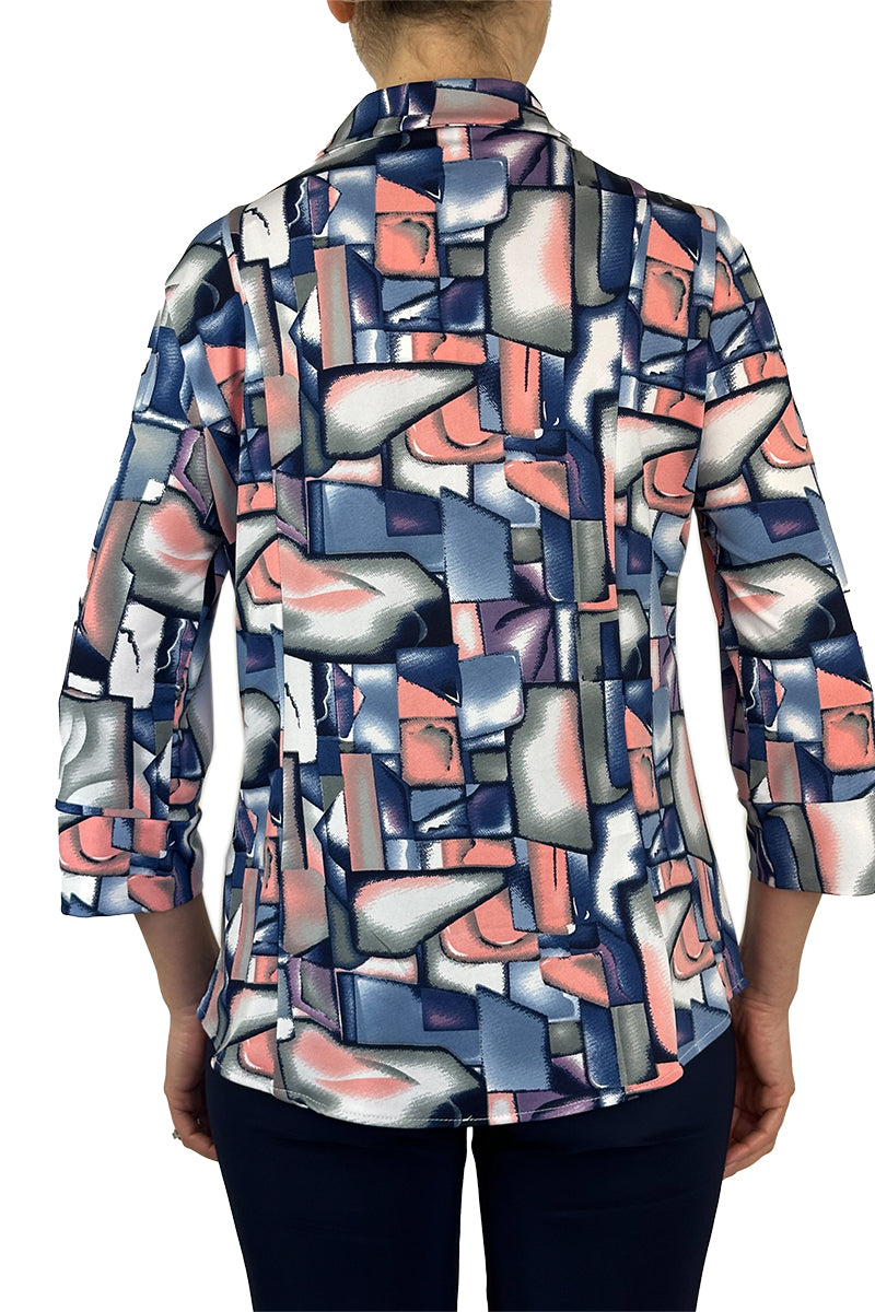 Women's Blouses on Sale Canada - Blue and Pink Print Made in Comfort Stretch Fabric  - Sizes S-XL