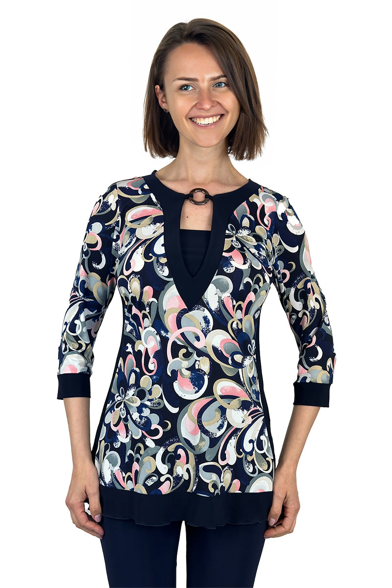 Women's Tunic Navy and Pink Print with Novelty Neckline, Comfort  Stretch Fabric Sizes S-XXL