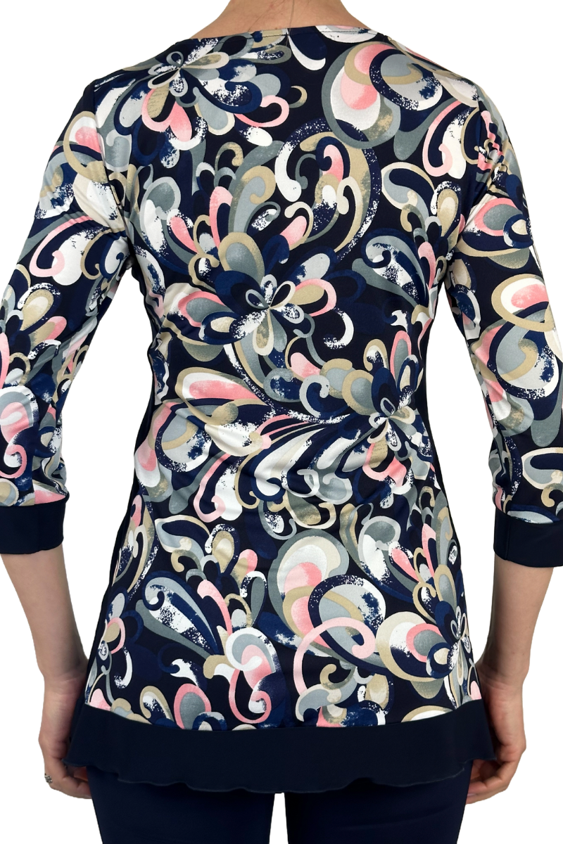 Women's Tunic Navy and Pink Print with Novelty Neckline, Comfort  Stretch Fabric Sizes S-XXL