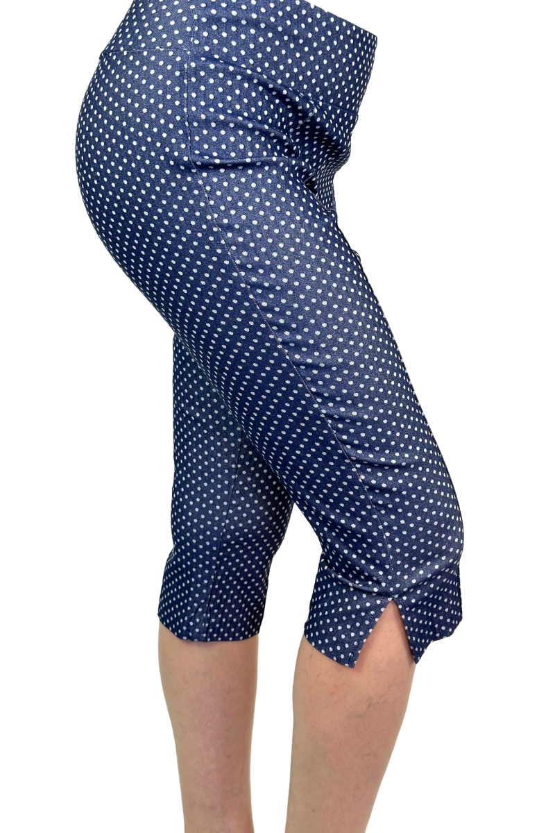 Women's Capri's Denim Polka Dot print Flattering Comfort Fit Quality Stretch fabric quality Proudly Made In Canada Yvonne Marie Boutiques