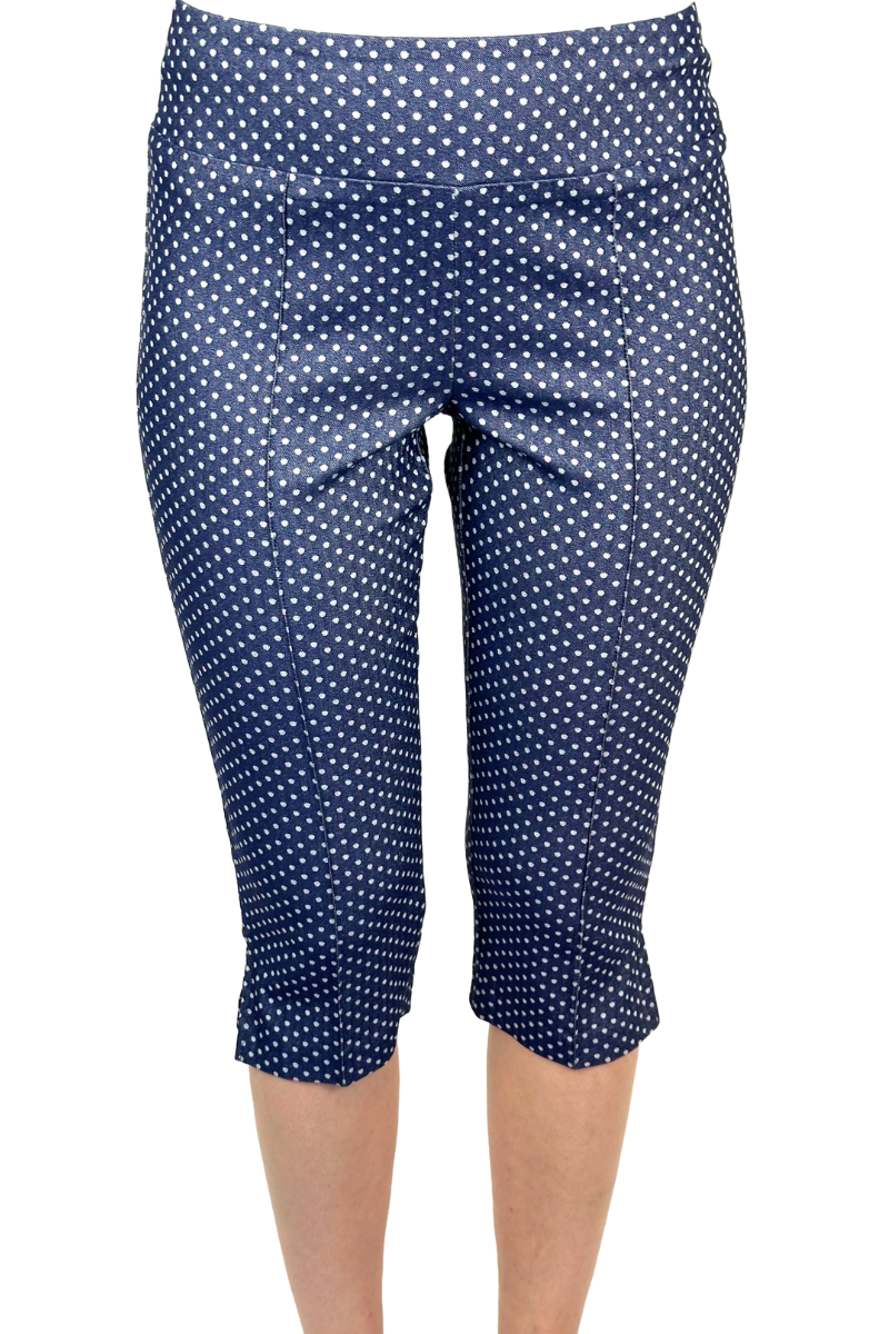 Women's Capri's Denim Polka Dot print Flattering Comfort Fit Quality Stretch fabric quality Proudly Made In Canada Yvonne Marie Boutiques