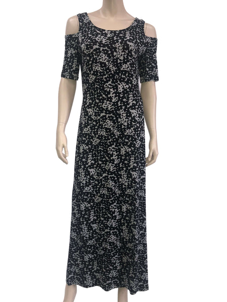 Women's Long Dress On Sale Canada Soft Stretch Fabric Comfort Fit Grey and Black Print Yvonne Marie Boutiques