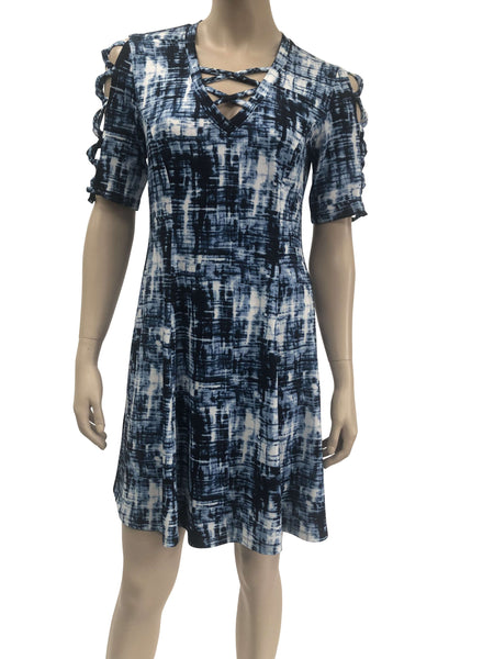 Women's Dresses On Sale Blue Printed Dress Flattering Fit quality Stretch Fabric XLARGE Sizes Made in Canada Yvonne Marie Boutiques