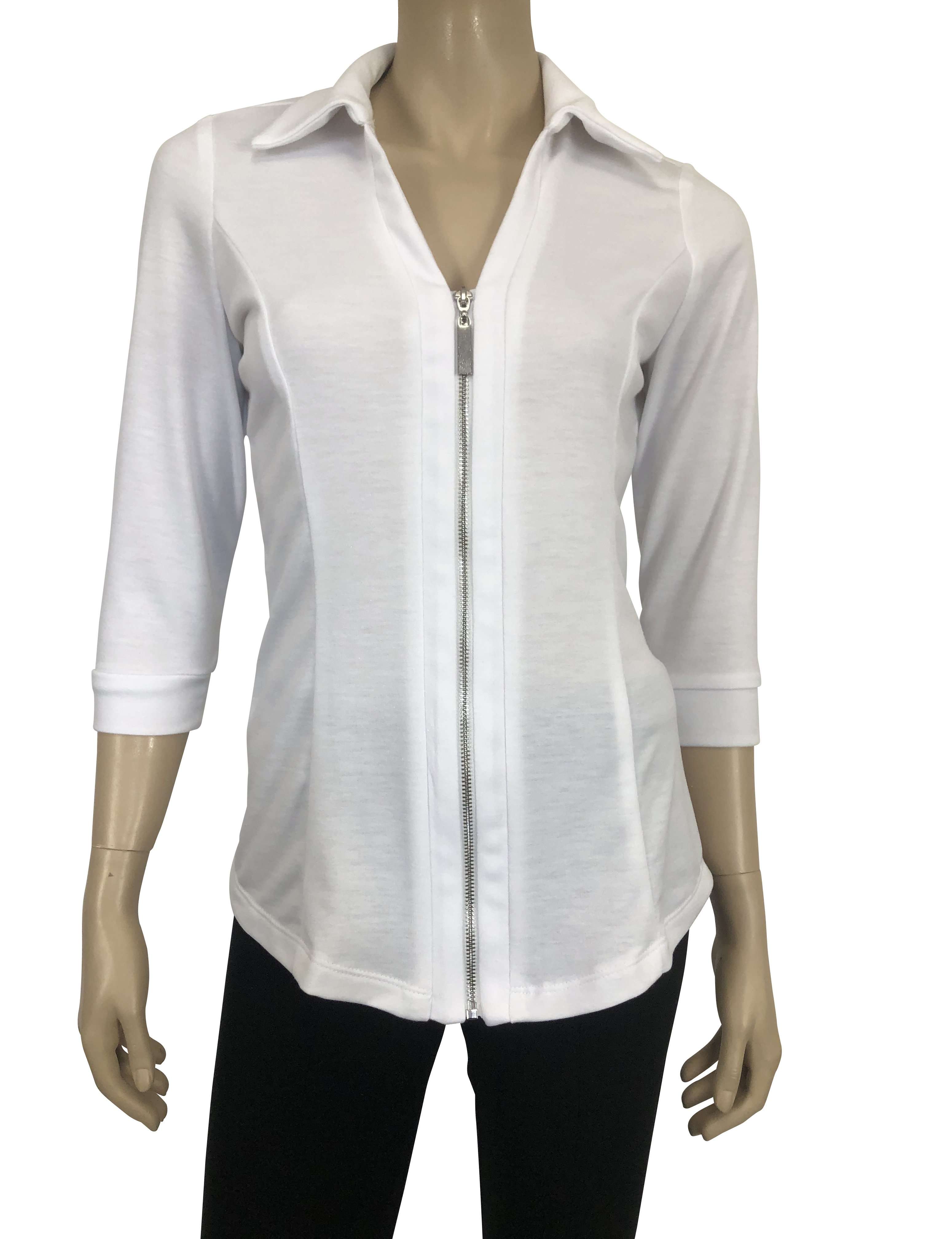 Women's White Blouse On Sale Quality Stretch Fabric with Zipper Front Made in Canada on Sale Now - Yvonne Marie - Yvonne Marie