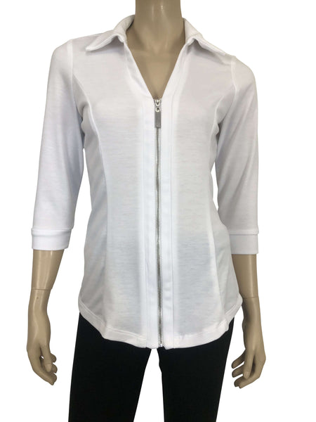 Women's White Blouse On Sale Quality Stretch Fabric with Zipper Front Made in Canada on Sale Now