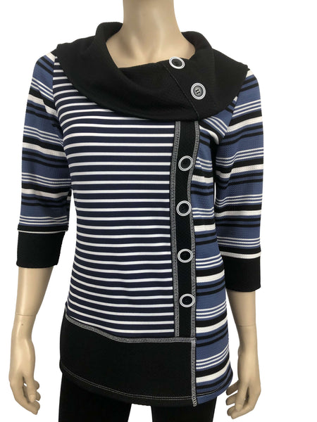 Women's Sweater Top Blue stripe with Cowl Neck - Made In Canada