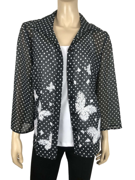 Women's Blouse Black Polka Dot Embroidered Butterfly Chiffon Fabric - Made in Canada