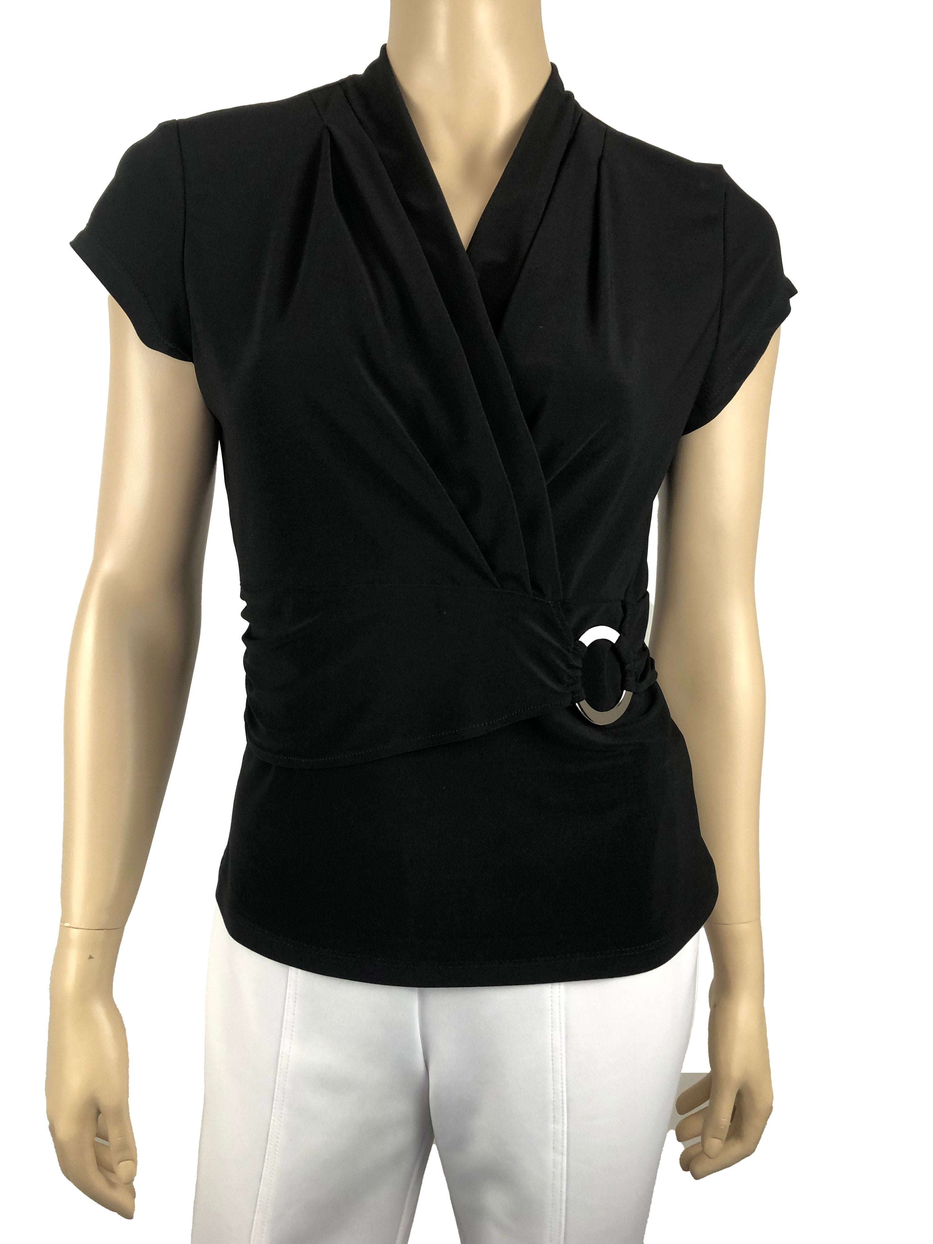 Women's Top Black Cross Over Design with Flattering Ornament Detail Made in Canada - Yvonne Marie - Yvonne Marie