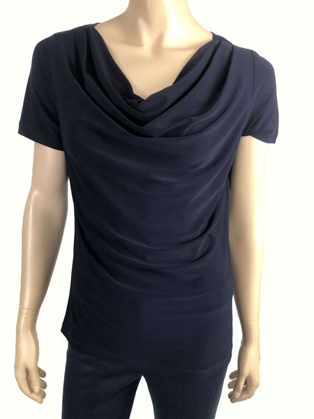 Women's Tops Navy On Sale Navy Draped Neckline Quality Stretch Fabric Sizes XLARGE Comfort Fit Made in Canada Yvonne Marie Boutiques
