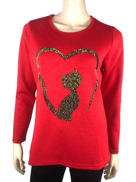 Cat Theme Top Women's Top Red Cool Graphic Cat With Bling Soft Comfort Stretch Fabric Yvonne Marie Boutiques