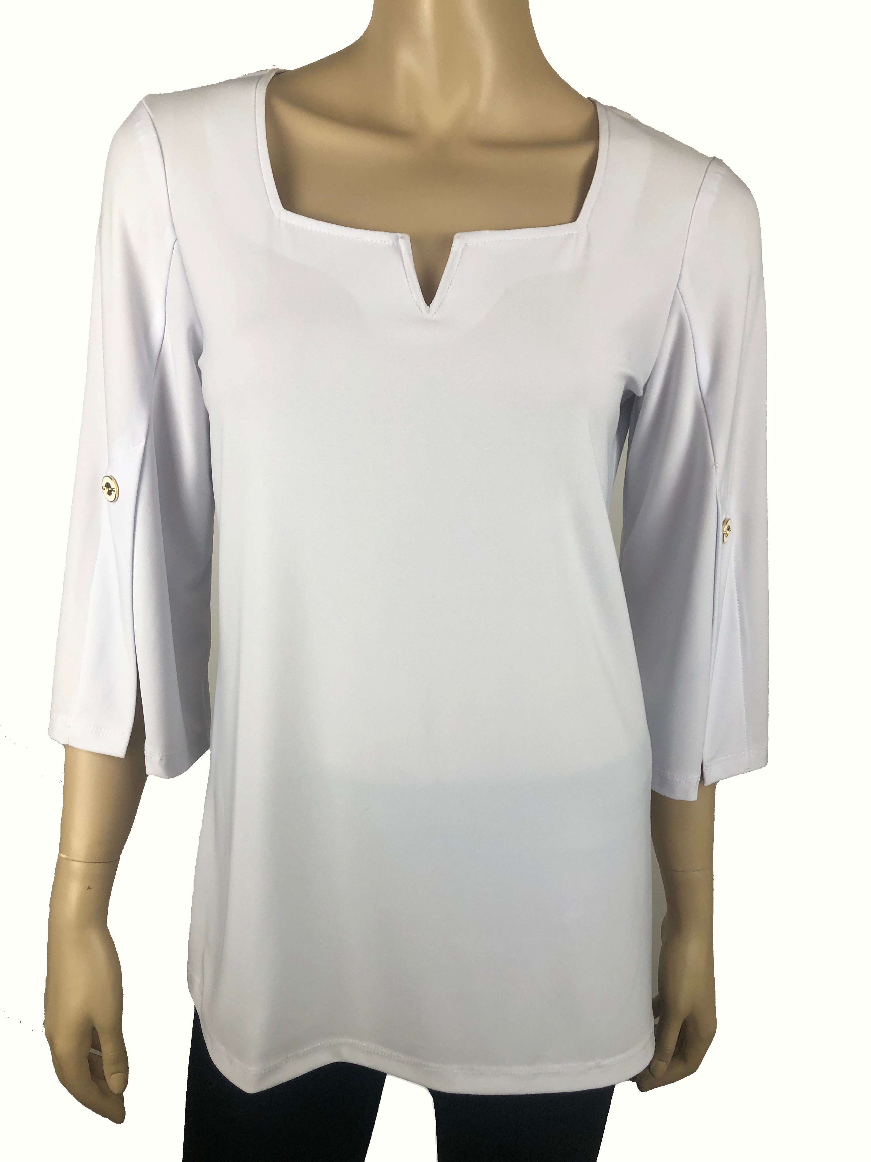 Women's White Top Elegant Neckline Flowing Sleeves Quality Stretch Fabric Made in Canada - Yvonne Marie - Yvonne Marie