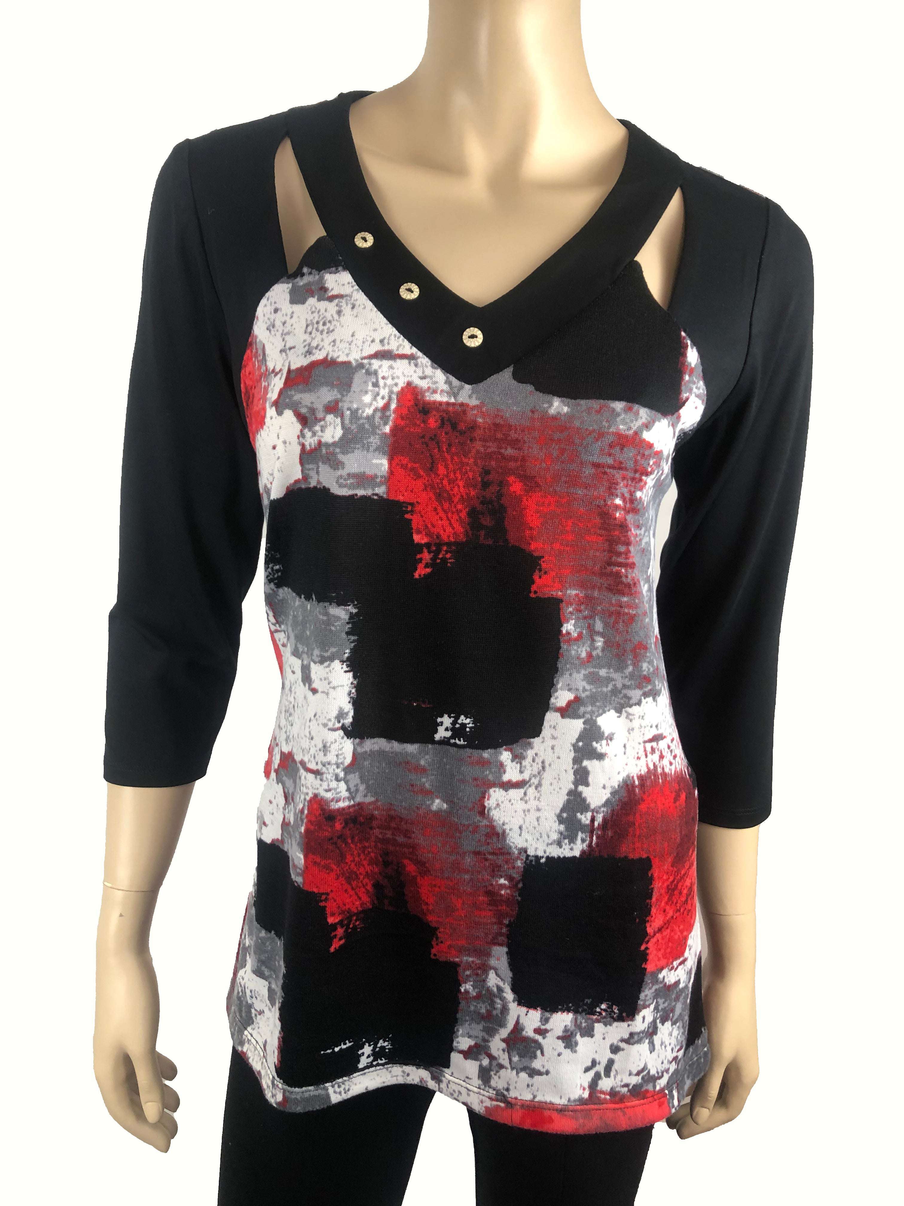 Women's Tops Red And Black Print With Cut Out Neckline - Made In Canada Quality Fabric Amazing Fit - Yvonne Marie - Yvonne Marie