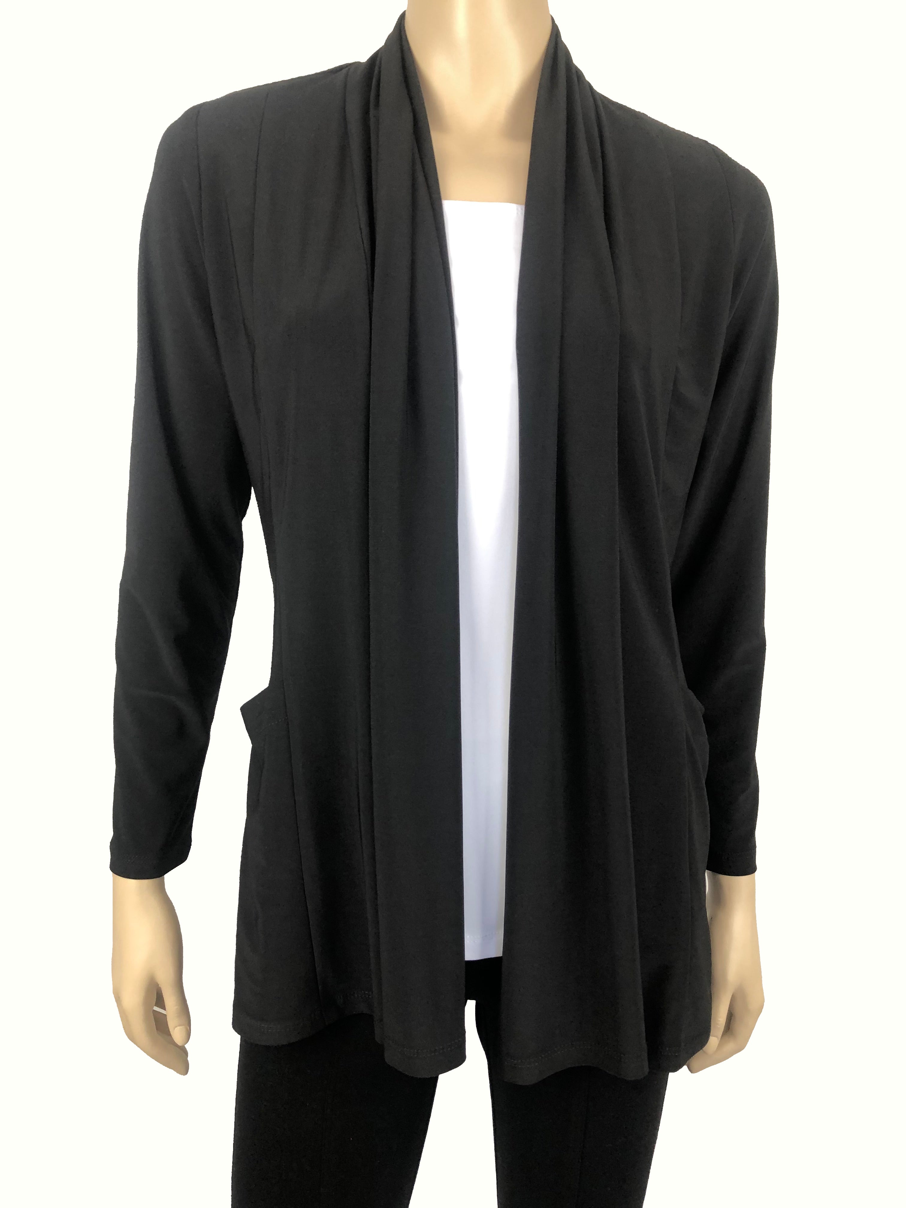 Women's Cardigan Black Soft Stretch Fabric Non Crease For Travel Features Side Pockets Best Selling Design Made in Montreal Canada On Sale NOW - Yvonne Marie - Yvonne Marie
